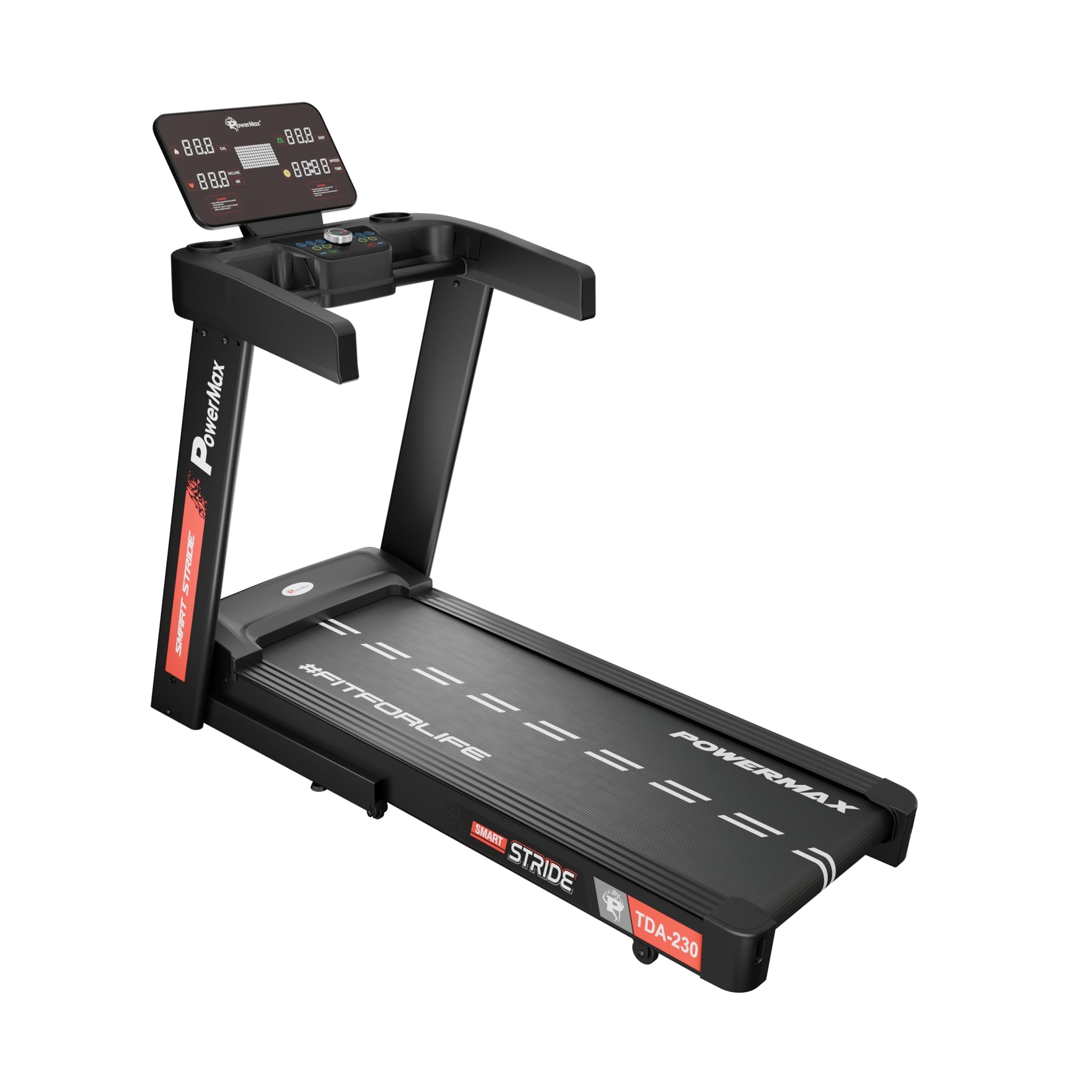 PowerMax Fitness TDA-230 5HP DC Motorized Foldable Auto Incline Treadmill for Home, Max user 140kg, Top speed 14km/hr, Running deck 1200x420mm Foldable machine, LED display, ipad & Mobile holder