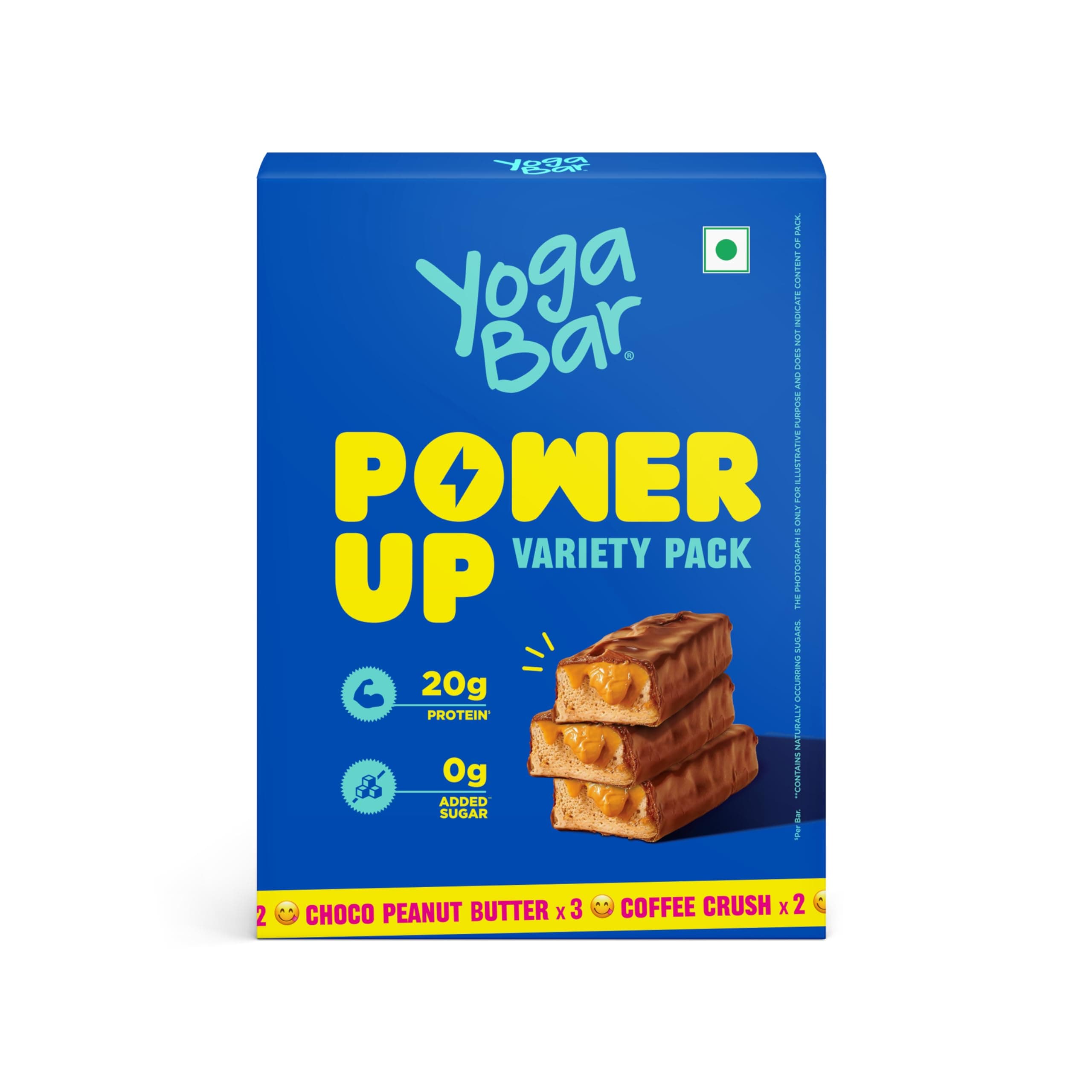 Yogabar Power Up 20g Protein Bar (5 Bars, Variety Pack, No Added Sugar) | Zero Added Sugar Protein Bars | High Protein Blend - Whey Protein Concentrate, Peanuts & Soy