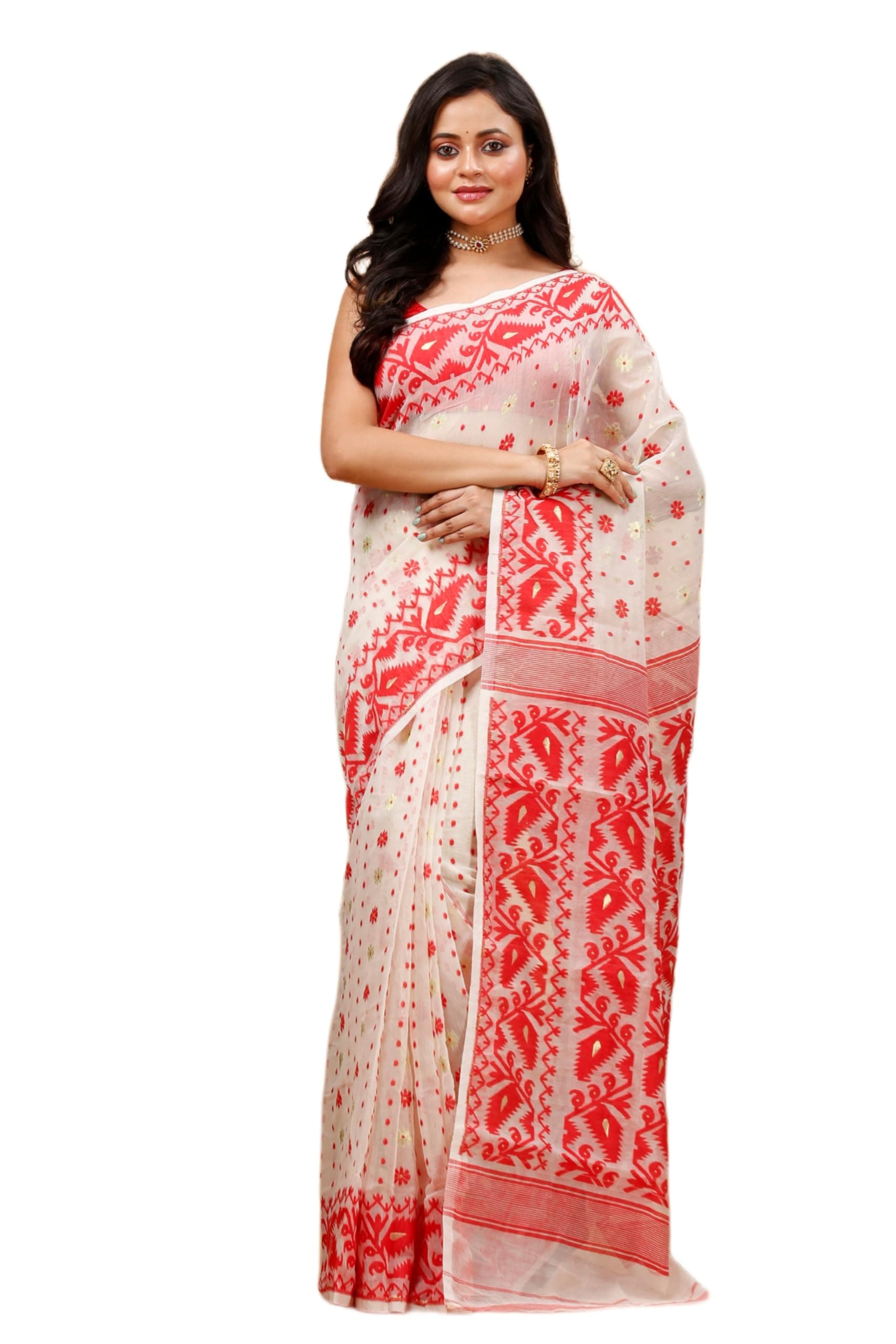 OISHANI SAREE GHOR Women's Traditional Bengal Cotton Silk Soft Jamdani Saree - Beautiful design and Quality - Without Blouse Piece