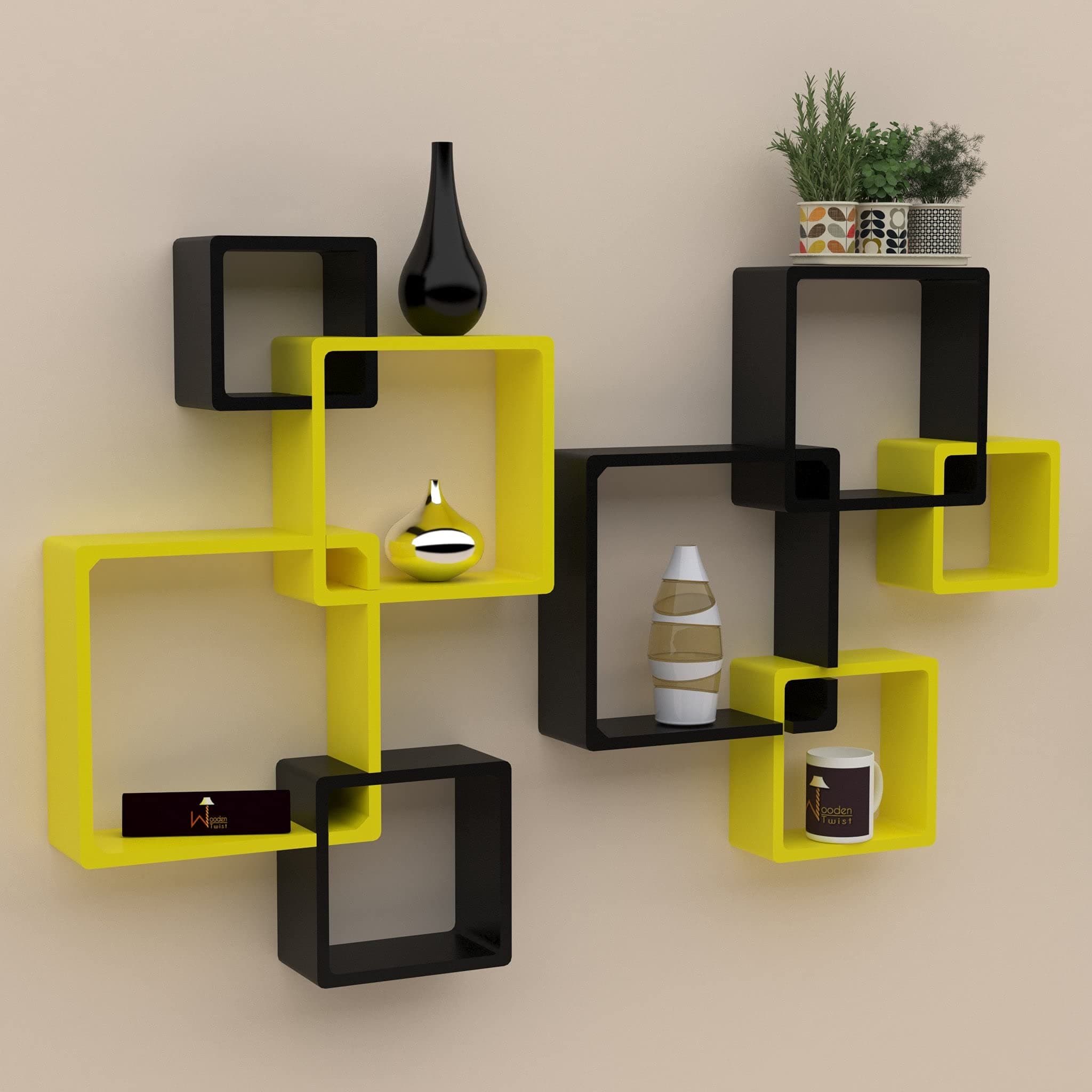 Wooden Twist Modern Wall Mounted Shelves Set Wooden Display Racks for Home Decor Yellow & Black Floating Storage Shelves for Living Room Bedroom & Office