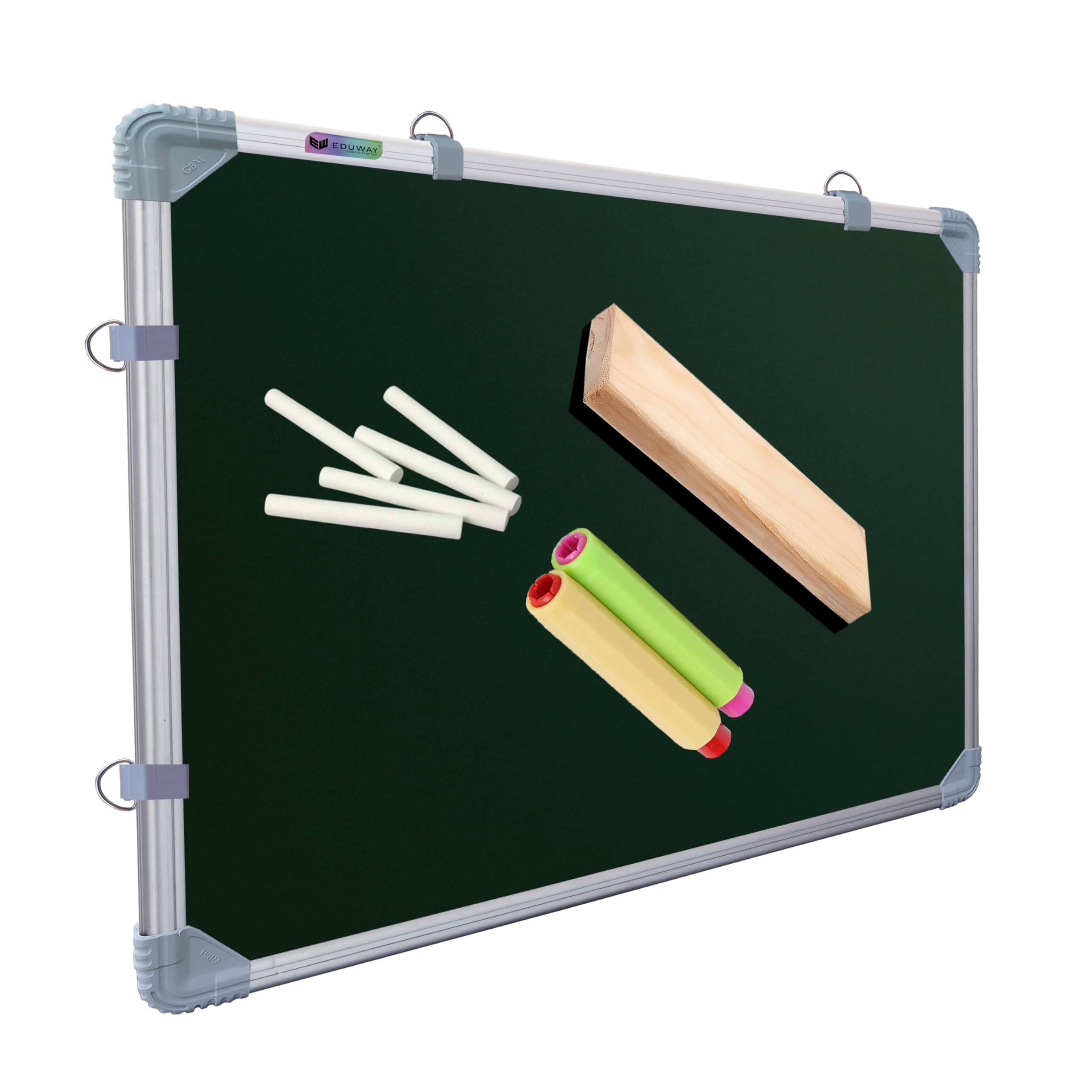 Eduway 2x3 Ft. Kunj Non-Magnetic Double-Sided Chalk Board & White Board (Combo Pack) with 1 Wooden Duster, 2 Chalk Holders, 10 Non-Dust Chalk Sticks for Kids, School, Teaching, (89x59 Cms) - Green.