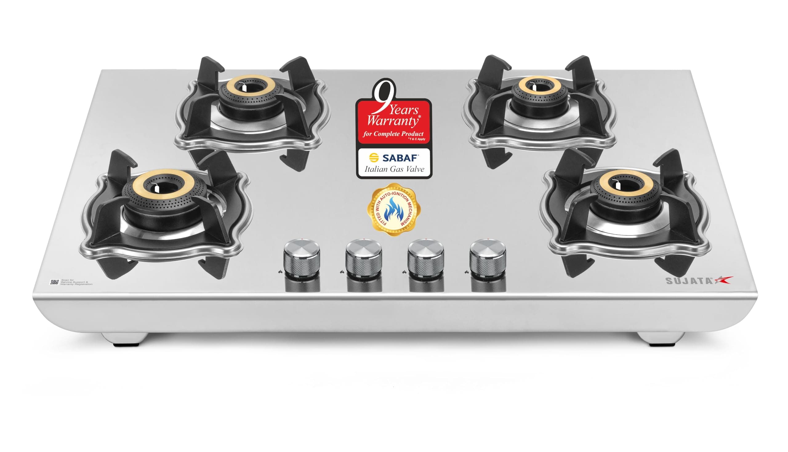 Sujata Robusto Gas Stove 4 Burners Steel Body Auto Ignition | 9 Years Warranty, ISI Certified | 4 Burner Gas Stove, LPG Ready & PNG Compatible, SABAF, 360° Rotating Nozzle, Jumbo Brass Burner