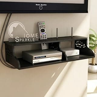 Home Sparkle Wall Mounted TV Stand in Black with Carved Shelves for Set-Top Box and Wi-Fi Router
