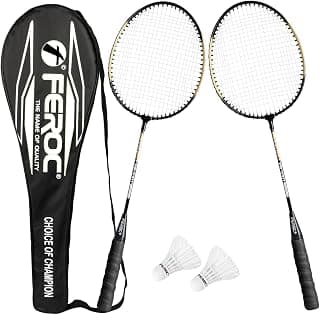 FEROC 2 Pieces Aluminium Badminton Racket with 3 Pieces Feather Shuttles with Full-Cover Set,Aluminum, Multicolor (Golden)
