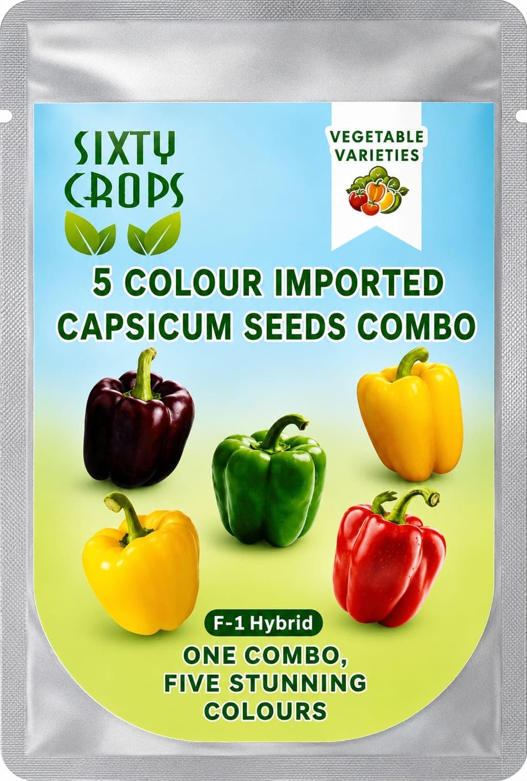 Sixty Crops 5 Colour Imported F1 Hybrid Capsicum Seeds Combo – Green, Red, Yellow, chocolate & gold Bell Pepper Seeds for Home Gardening, Kitchen Garden, Terrace & Grow Bags