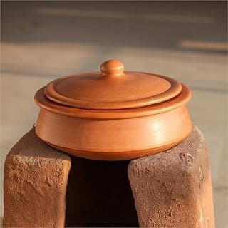 Swadeshi Blessings Exclusive Range Unglazed Clay Handi/Earthen Kadai/Clay Pot for Cooking & Serving with Lid (with Mirror Finish) + Free ASH for Cleaning(2.8 Liters Handi) (Red)