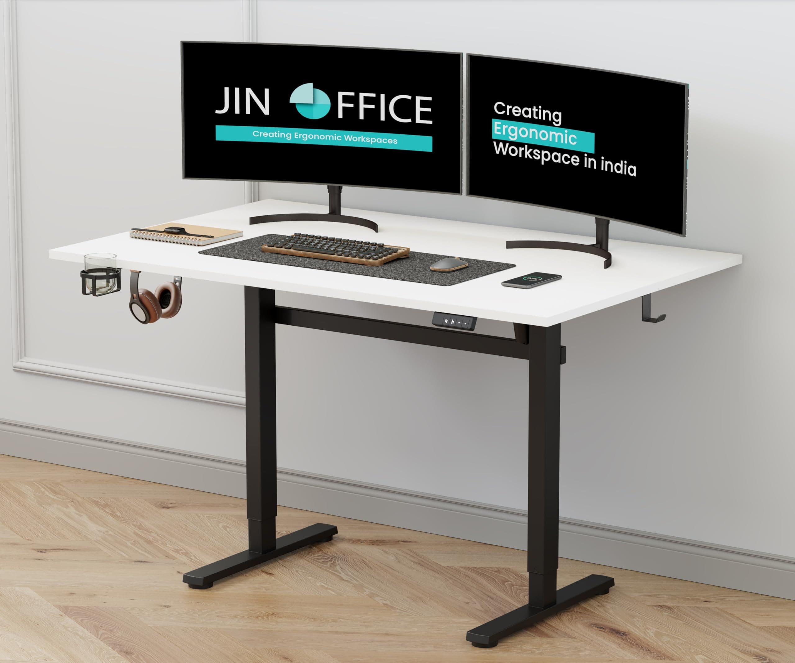 JIN OFFICE Octave Height Adjustable Table Electric | Sit Stand Desk, 2 Year Warranty, 80 Kg Wt. Cap| Standing Desk with Memory Preset, Cup Holder| Stability Crossbar| White 1500*750mm/25mm Thick Top