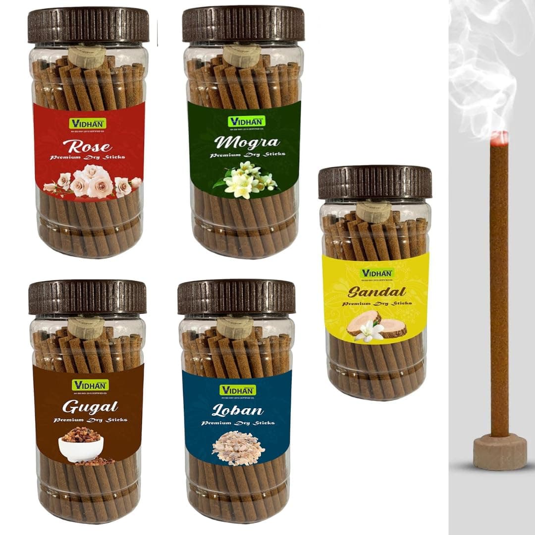 Dhoop Sticks Vidhan Premium Jar 5x100Gm | No Bamboo | No Charcoal | Dhoop Stick | Dhup | Pooja Dhoop Sticks (5 Flavours) Pack of 5 Jar Rose, MOGRA, Sandal, GUGGAL, LOBAN