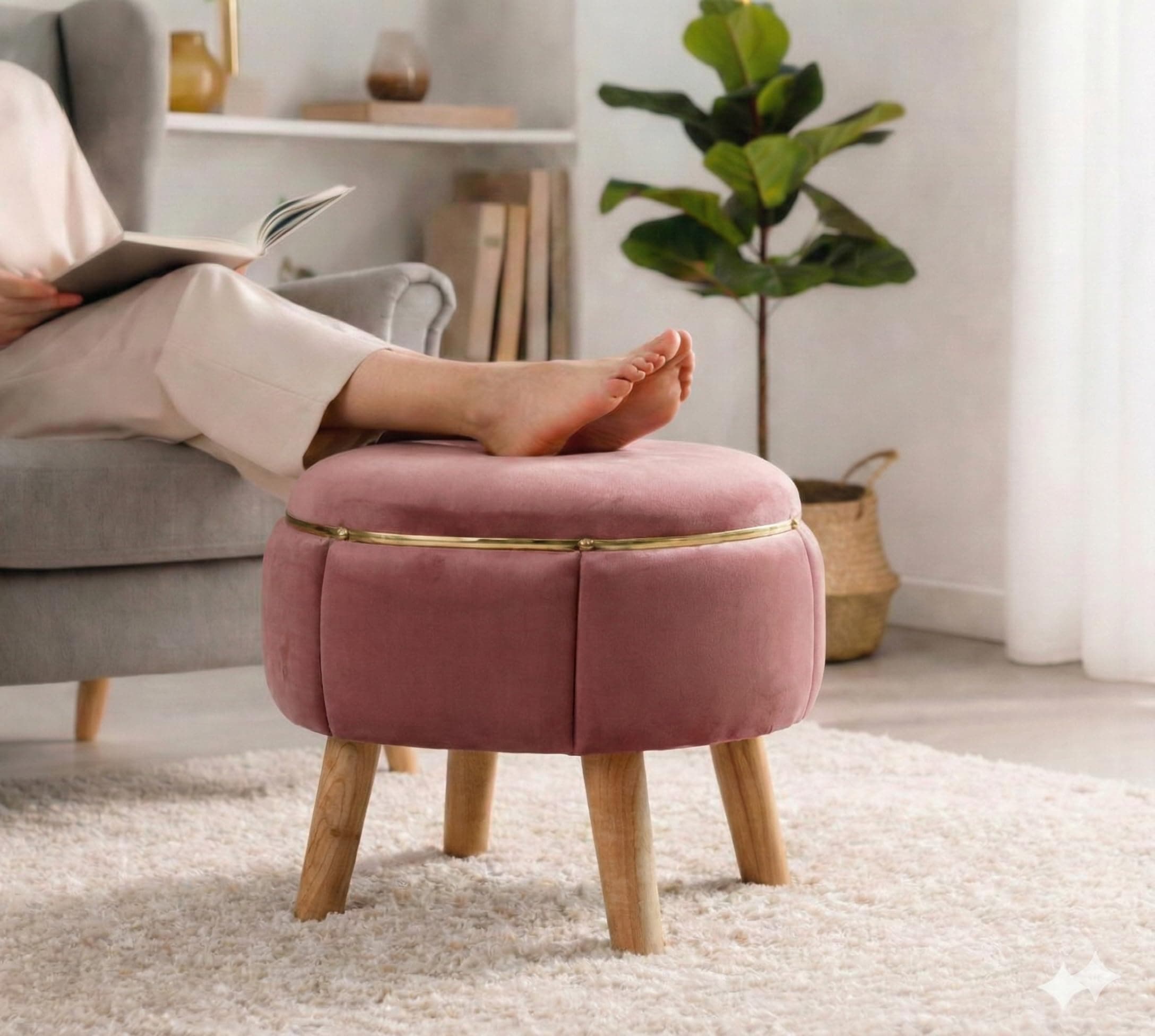 Smartkart Velvet Upholstered Round Ottoman Footstool | Anti-Slip Feet | Multipurpose Footrest, Step Stool & Vanity Seating & Décor | 40 x 30 cm | Gajri