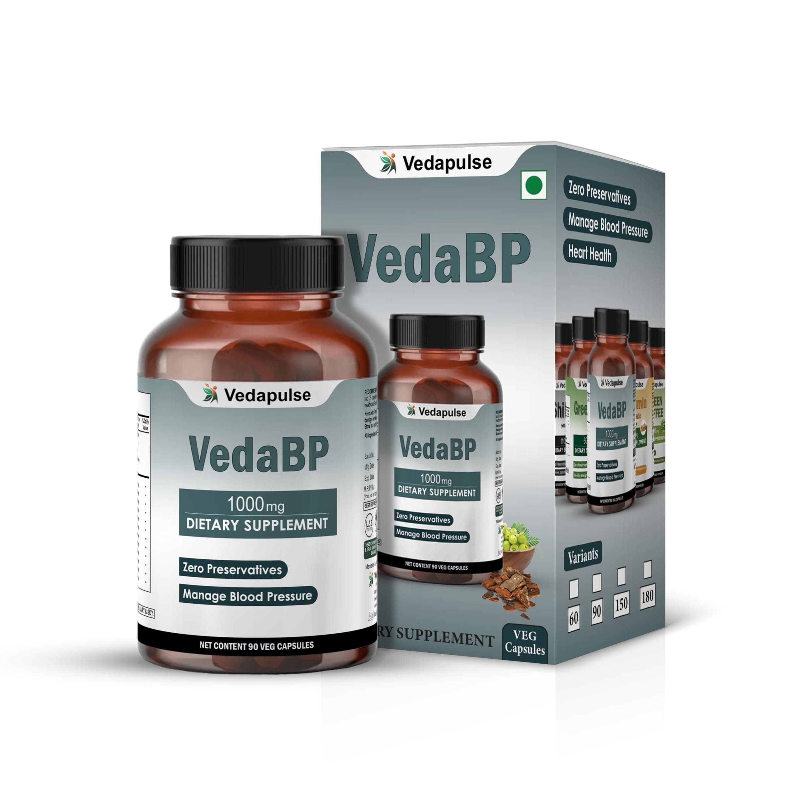 Vedapulse VedaBP - Ayurvedic Blood Pressure Support | 1000mg Blend with Arjuna, Sarpagandha, Ashwagandha, Garlic & More | 90 Veg Capsules