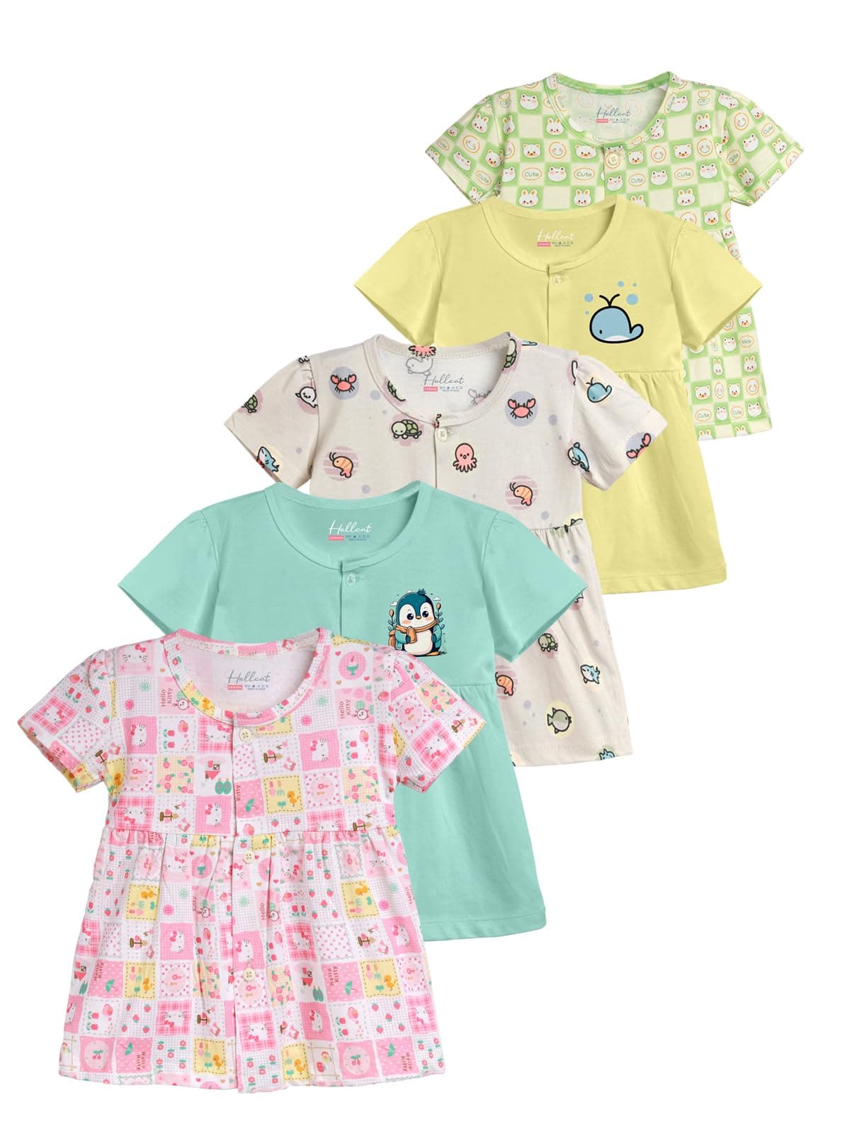 HELLCAT 100% Cotton Baby Frock Dress for Girls - Pack of 5, Soft & Trendy, Short Sleeve