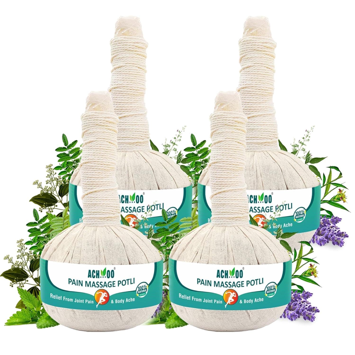 ACHOO Pain Massage Potli - 100% Ayurvedic Herbal Healing Massage For Joint And Muscle Pain Relief | Loosen Up Tense Knotted Muscles, Release Stress And Muscle Tension (400g (Pack of 4))