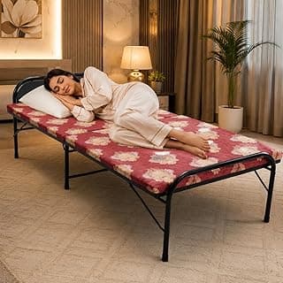 NATTNAK Single Folding Bed with Mattress 3x6 ft, Heavy Duty Metal Frame Foldable Cot, Portable Guest Bed, Space Saving Extra Bed, No Assembly Required