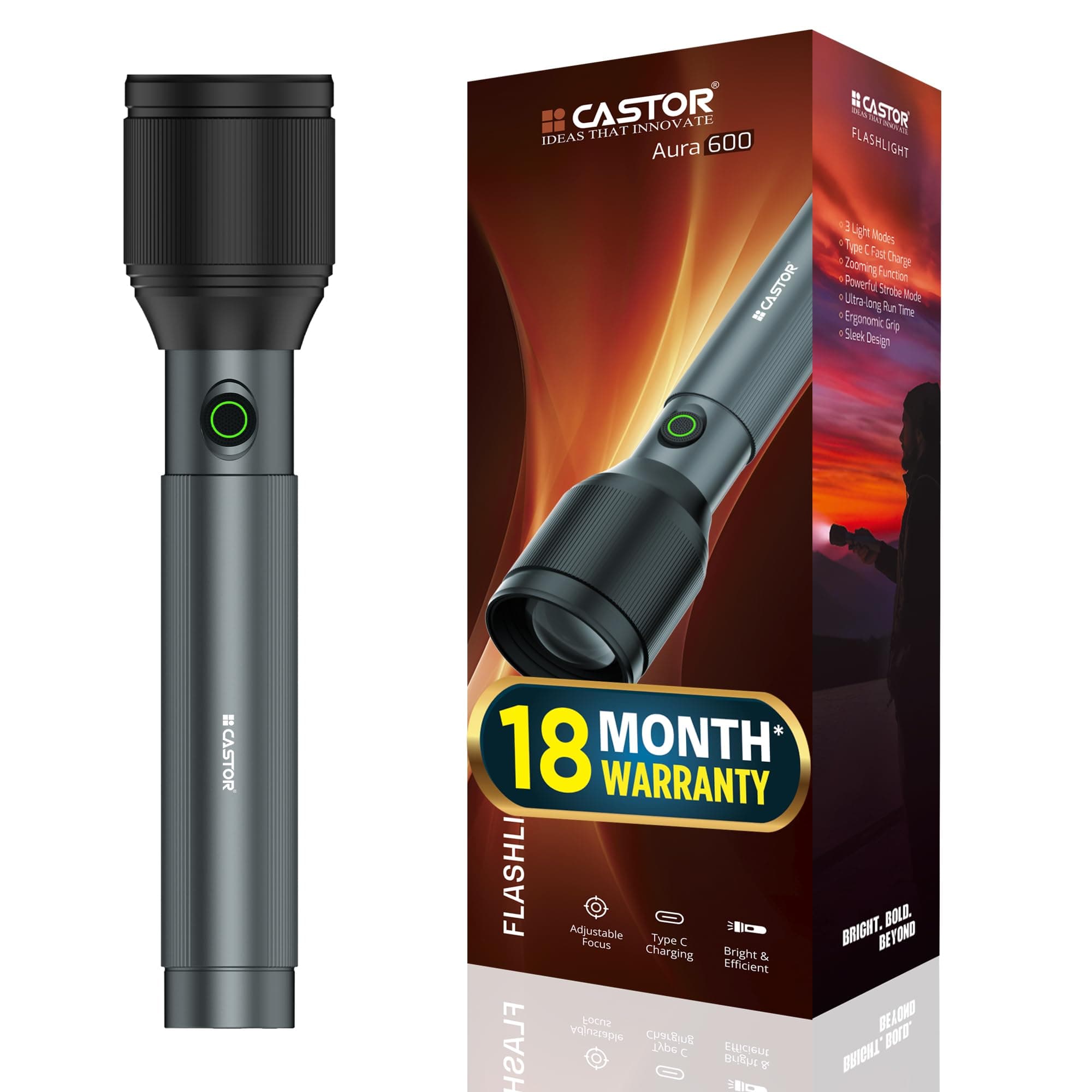 IBELL Castor AURA600 Rechargeable Torch Light High Power, 3 Light Modes, Telescopic Zoom, Type C Charging, LED Flashlight, Super Bright & Long Distance Range, for Home, Outdoor & Emergency Use (Grey)