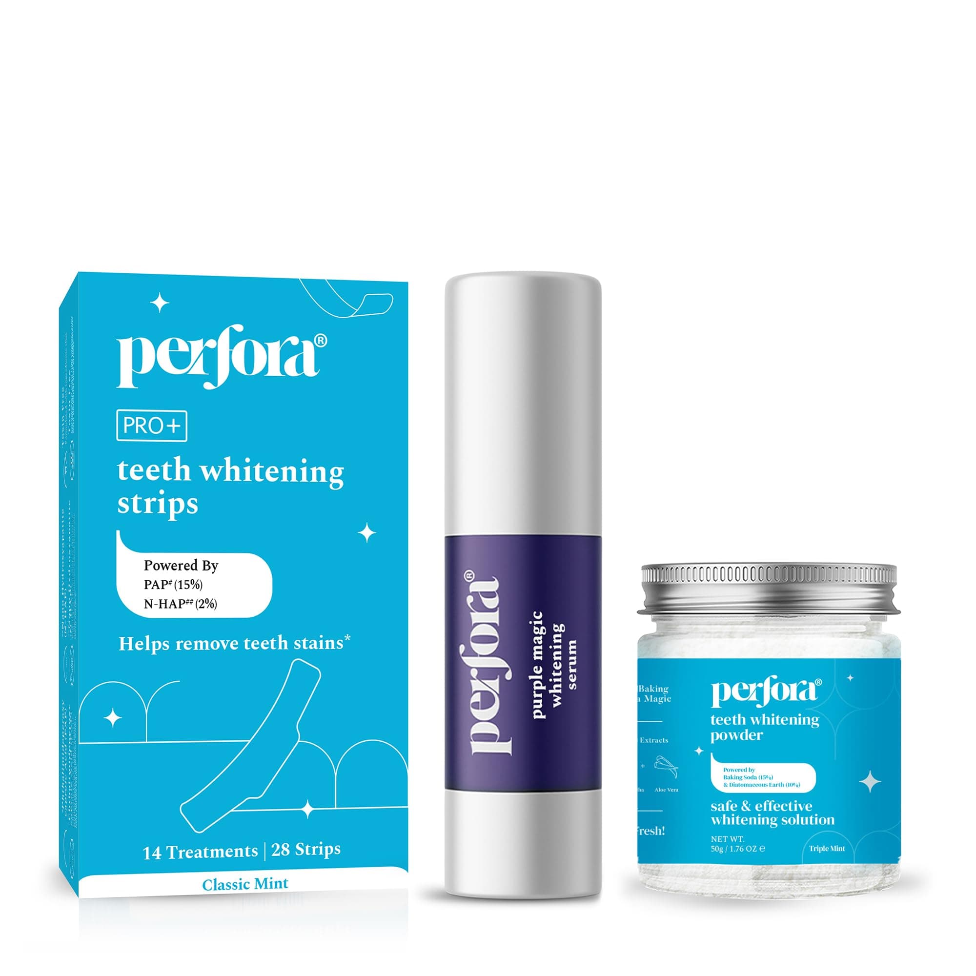 Perfora Teeth Whitening Combo | Teeth Whitening Powder 50gm, Purple Magic Whitening Serum 30ml & Strips - 14 Treatment | Enamel-Safe & Sensitivity-Free Oral Care Formula For Tooth Stain Removal | Pack Of 3