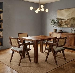 Dining Table Set of 4, Wood 4 Seater Dining Table with Chair || Wooden Dining Table 4 Seater for Living Room || Folding Dining Table || Dining Room Furniture || Cane Chairs for Balcony || Honey Finish