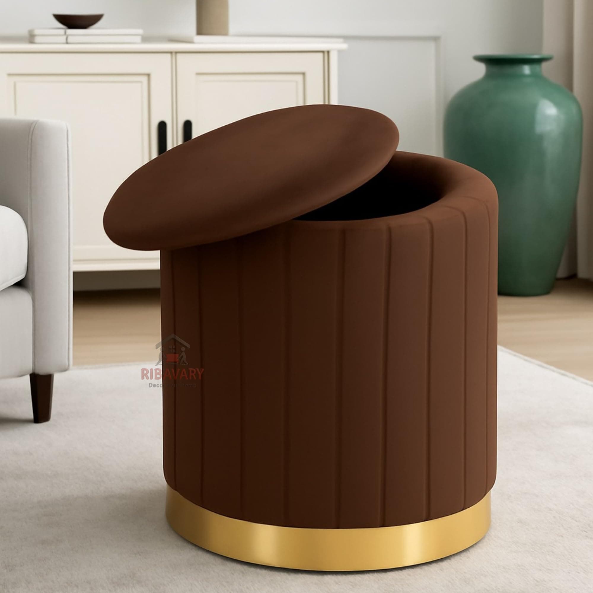 RIBAVARY® Round Velvet Luxurious Storage Ottoman, Pouf with Storage Vanity Stool Chair,Upholstered Foot Rest Stool with Gold Strip Base for Living Room or Bedroom (Coffee., Large-40Dx40Wx46H)