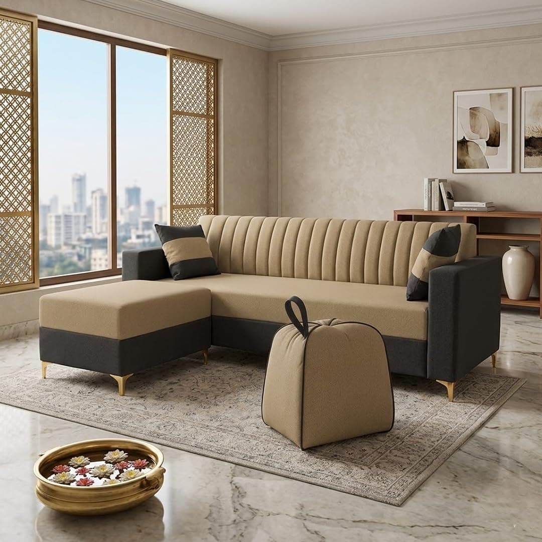 FURNY Signature Regalia 4-Seater L-Shape Sofa Set with Movable Ottoman & Suri Pouf | Flexible LHS/RHS Layout | Boston Fabric | 40D Foam + Zigzag Spring | 3-Yr Warranty (Steel Grey -Beige)