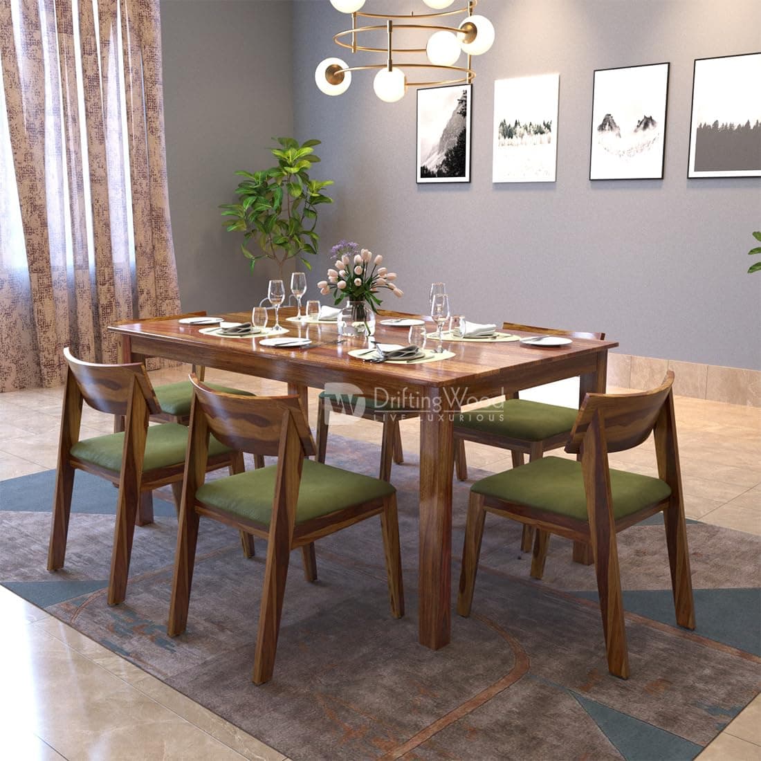 DRIFTINGWOOD Liana Solid Sheesham Wood Dining Table 6 Seater | Wooden Six Seater Dinning Table with Green Cushion Chairs | Dinner Table 6 Seater | Dining Room Sets | Self Assembly Natural Finish