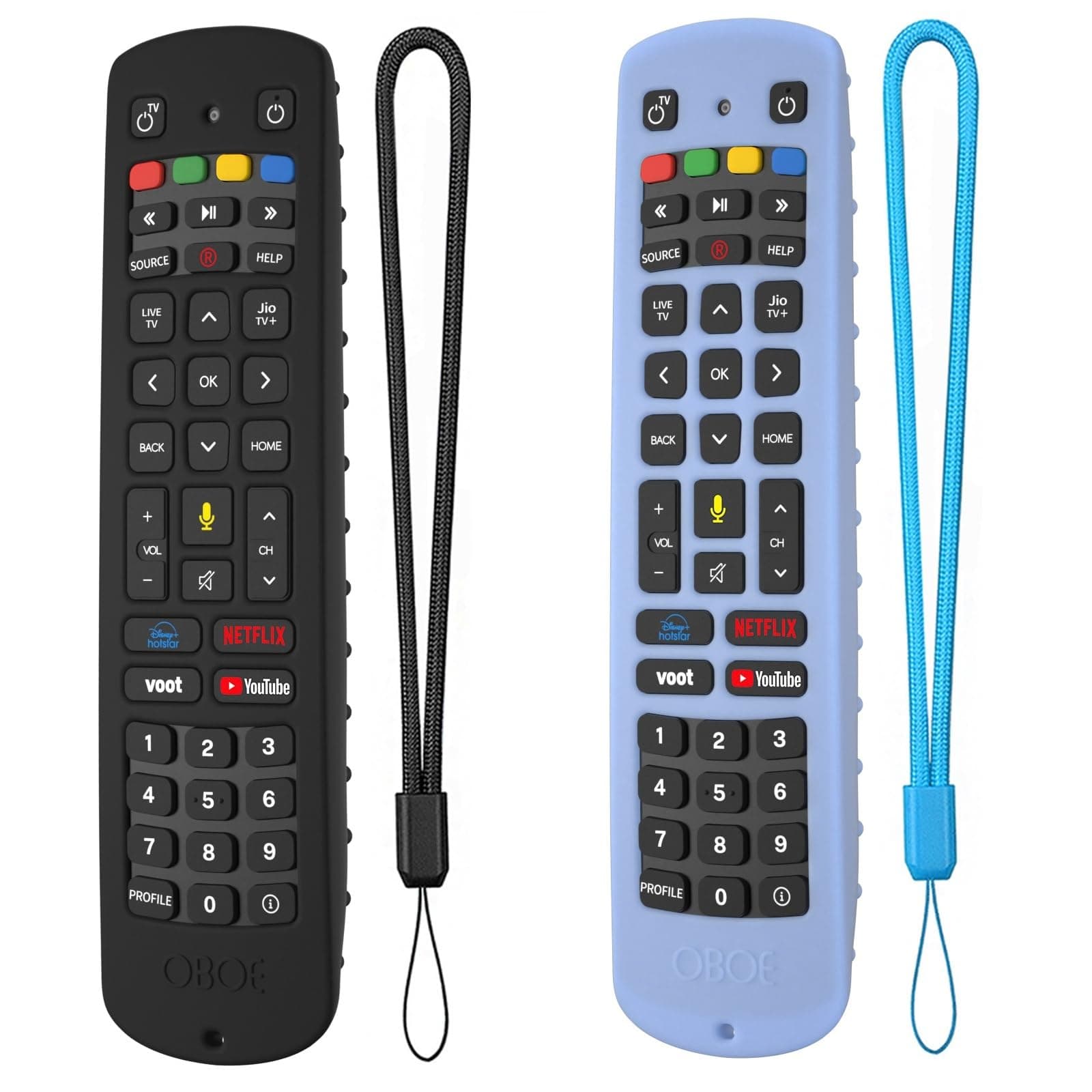 Oboe Silicone TV Remote Cover 'Compatible with' Jio Tv Remote with Voice Command Protective Case with Lanyard (Combo Pack of 2-Black & Glow in Dark Blue) [Remote NOT Included]
