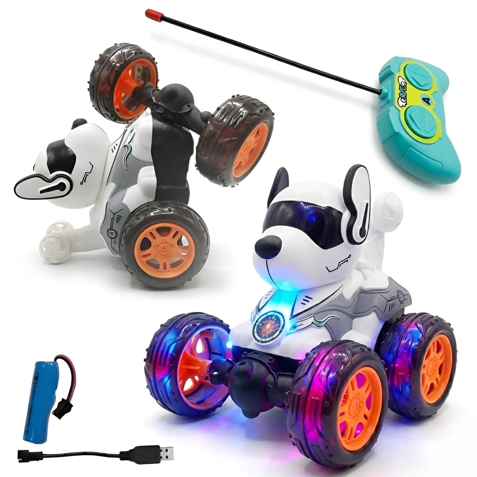 Cable World RC Stunt Robot Dog Car, 360 Degree Rotating, Remote Control Musical Dancing Dog with Flashing Lights, Smoke, Sound, Action, Activity Play Center Toy for Kid Early Learning Educational