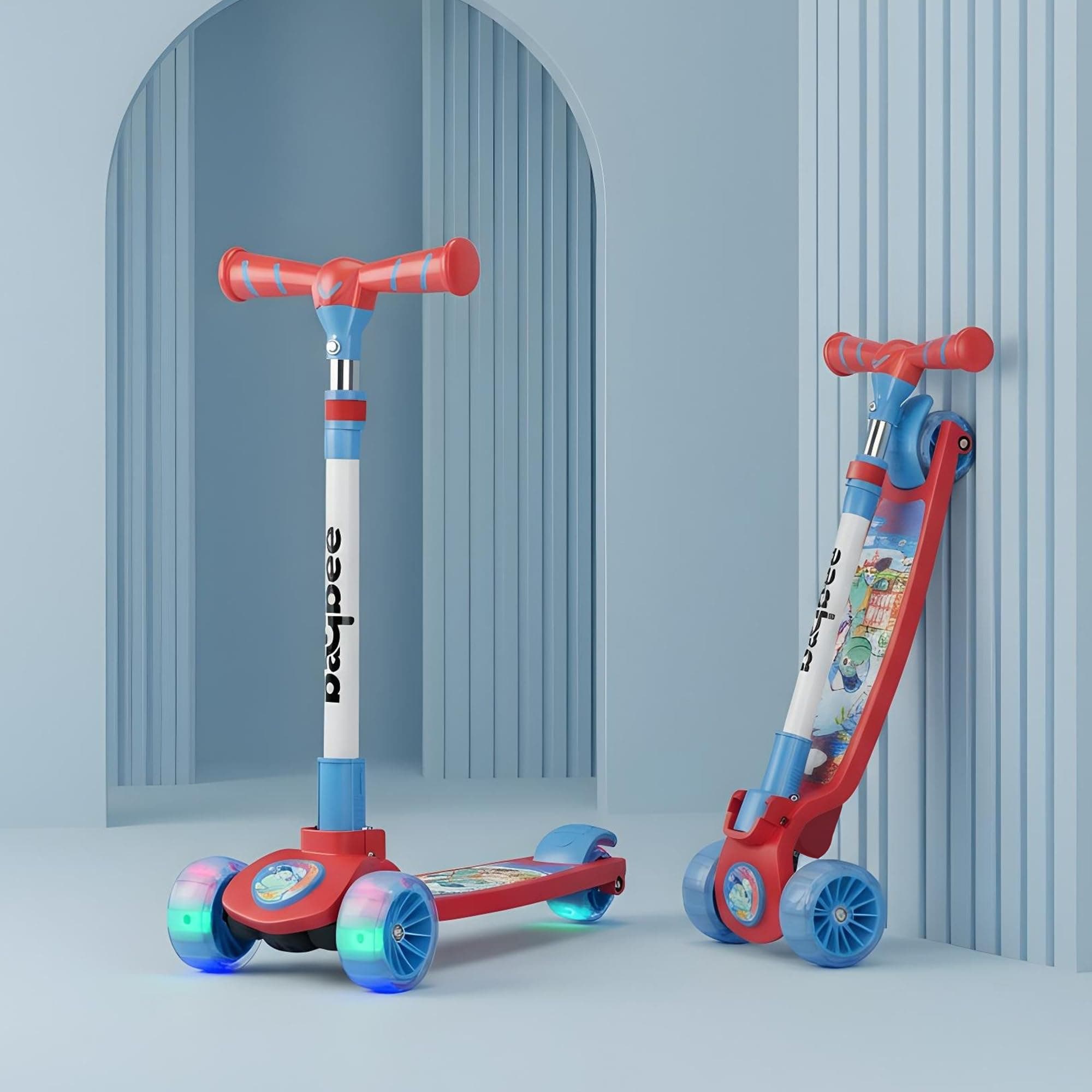 Baybee Kitty Kick Scooter for Kids | Foldable Kid Scooter with 4 Height Adjustable Handle & Brake | Skate Scooters with LED PU Wheels | Runner Scooters for Kids 3 to 10 Years Boys Girls (Red/Blue)