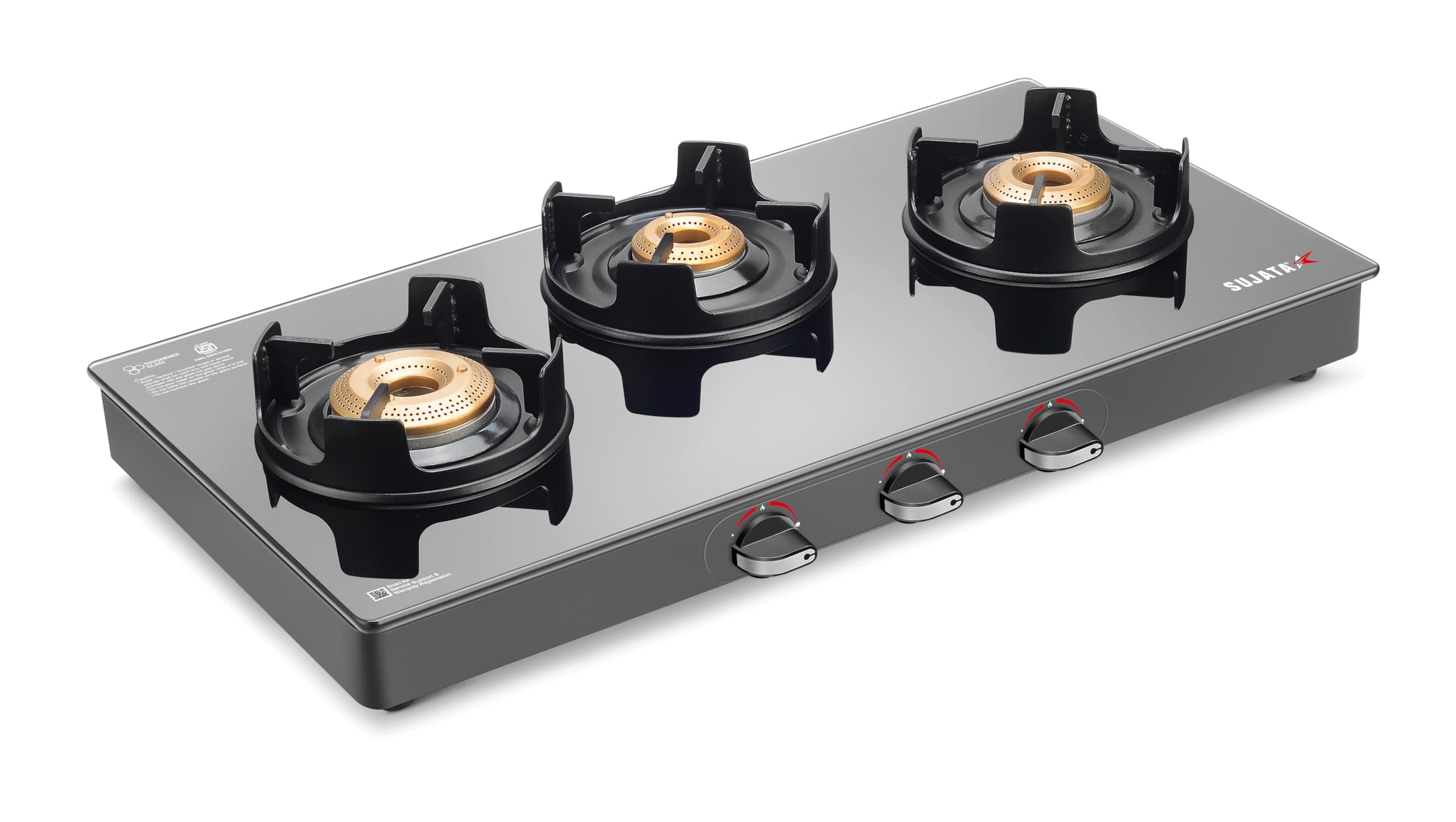 Sujata Deluxe Gas Stove | 9 Years Warranty | 3 Burner Gas Stove Glass Top, Stove 3 Burner, Manual Ignition, SABAF, ISI Certified, LPG & PNG Compatible, Jumbo Brass Burner (Black)