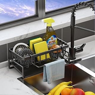 BELOXY Metal Sponge Holder for Kitchen – Auto-Draining Organizer Caddy with Soap Tray, Dish Brush Holder & Towel Bar – Large Capacity Kitchen Sink Storage Rack (Matte Black)