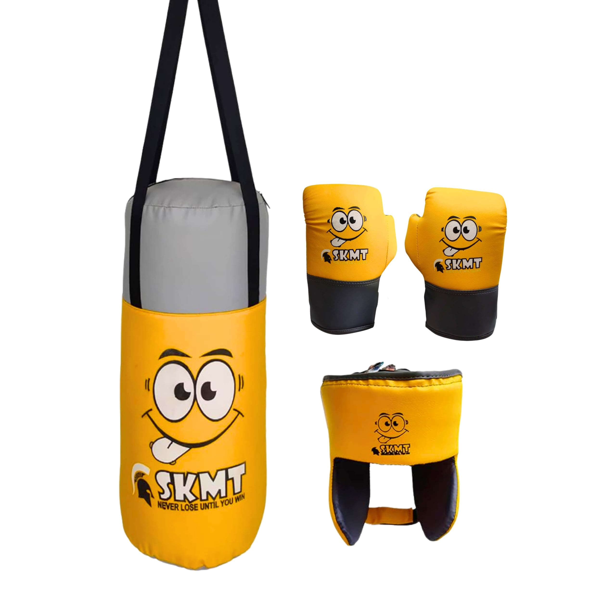 SKMT Never Lose Until You Win Kids Boxing Kit with Filled Punching Bag, Gloves and Headgear, Age Group 2-7 Years & 7-13 Years (Yellow, Age Group 7-13 Years)