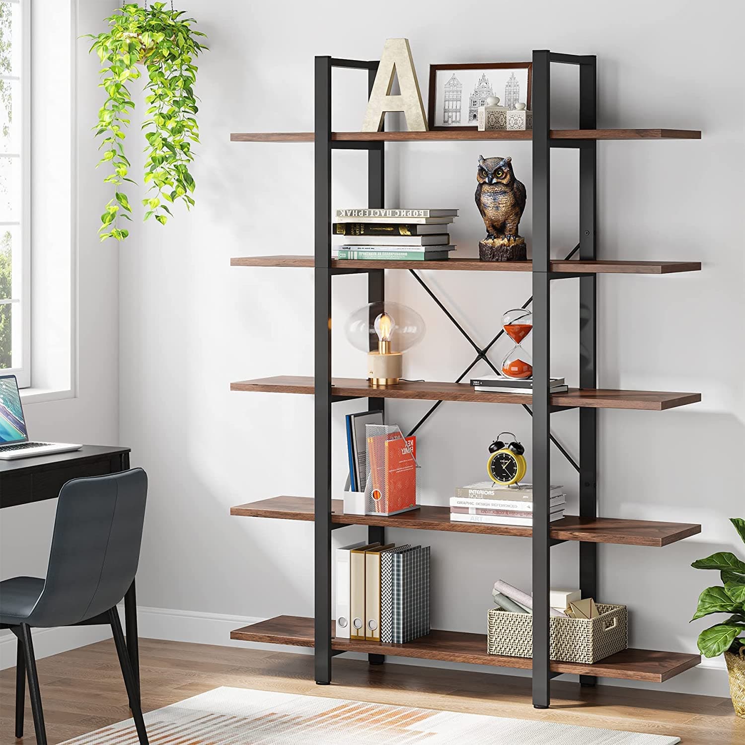 TEKAVO AeroShelf Bookshelf for Home with 5 Tier Shelf | Bookshelf with Shelf Storage for Home & Office | 5 Layer | Brown Wood & Metal | 120 x 30 x 178 CM | DIY Assembly