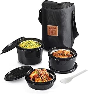 CELLO All In One Lunch Box with Fabric Bag, Black | 3 Microwave Safe Insulated Inner Steel Containers (550ml,375ml,225ml)| Food Grade, BPA Free, Air Tight Leak Proof Tiffin Box Set For Office, College