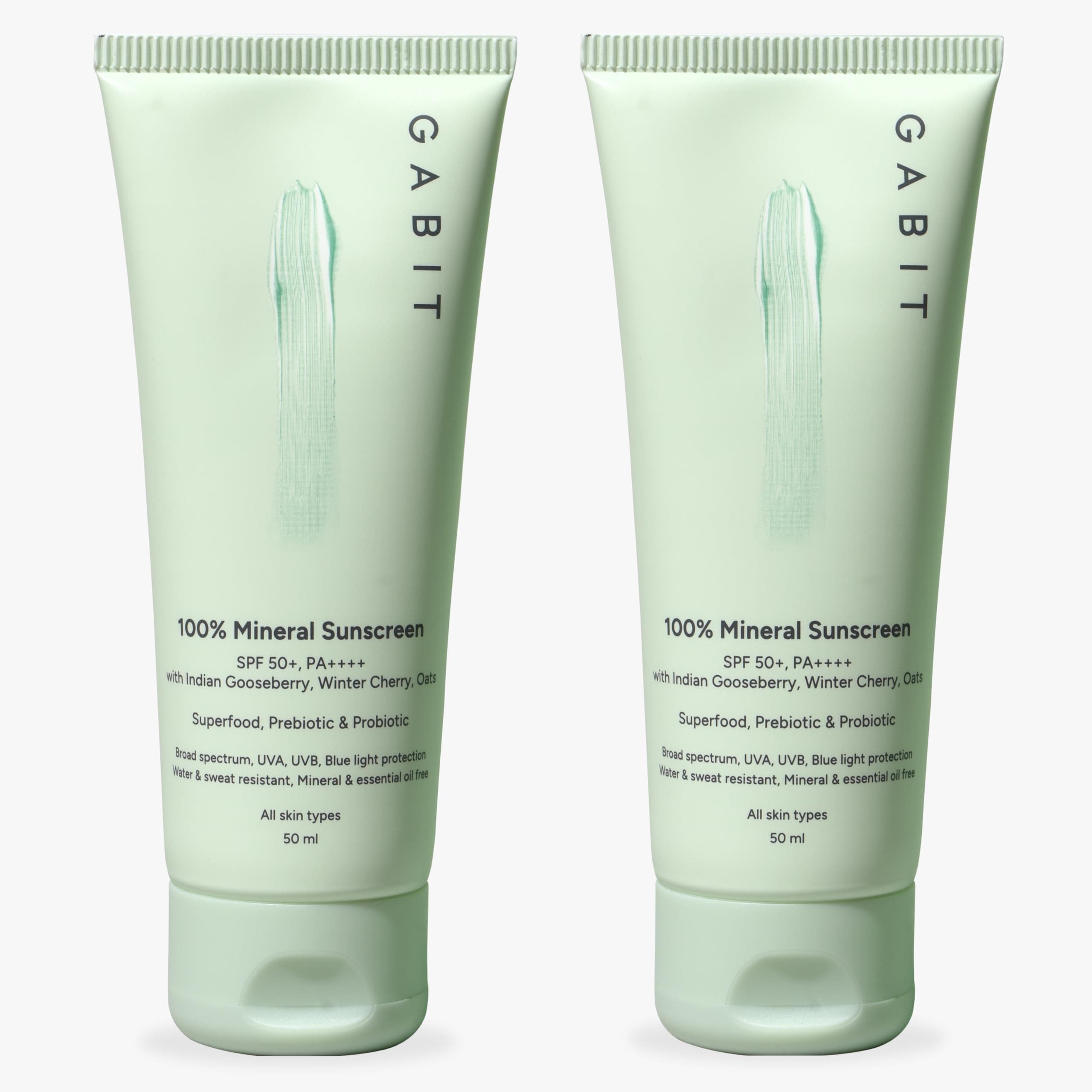 Gabit 100% Mineral Sunscreen SPF 50 PA++++ | Water & Sweat Resistant, UVA/B & Blue Light Protection | No White Cast | Vit E, Gooseberry, Winter Cherry | Normal, Oily, Dry Skin Types | Oil free | 50ml | Pack of 2