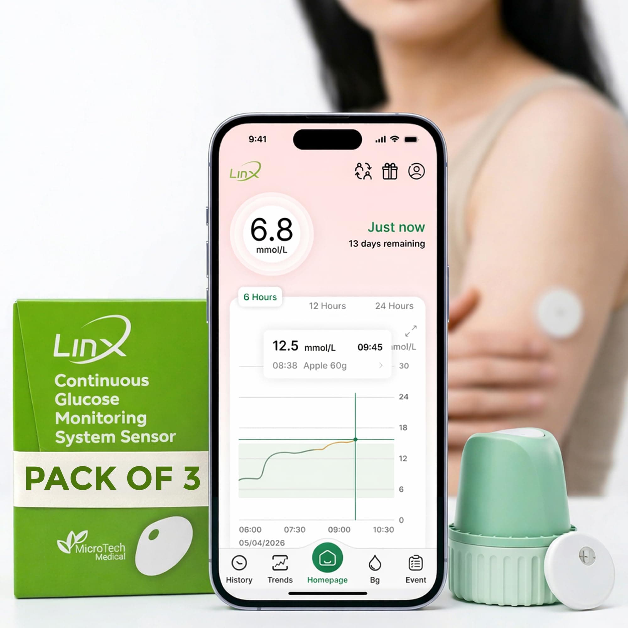 LinX CGM Smart Continous Glucose Monitoring I Real time Sugar Tracking I Bluetooth Enabled | 15-Day Sensor Life | IP68 | Easy one click use I Enhance your lifestyle & optimise diet | Pack of 3