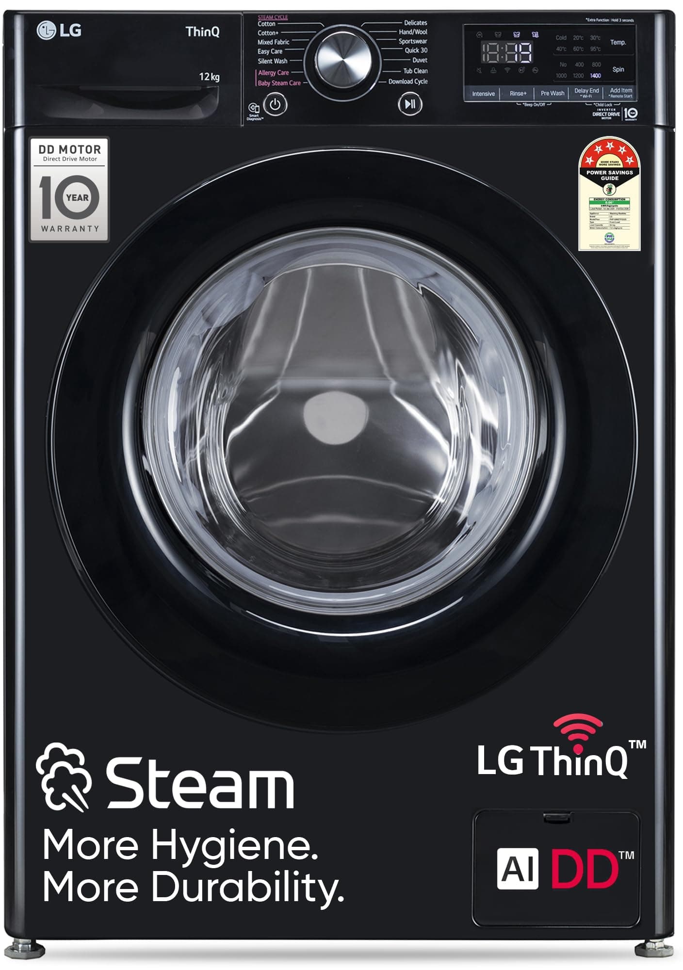 LG 12 Kg, 5 Star, AI Direct Drive Technology, Wi-Fi, Steam Fully Automatic Front-Loading Washing Machine (FHP1412Z3O, Intelligent & Convenient Fabric Care, Allergy Care, In-Built Heater, Onyx Black)