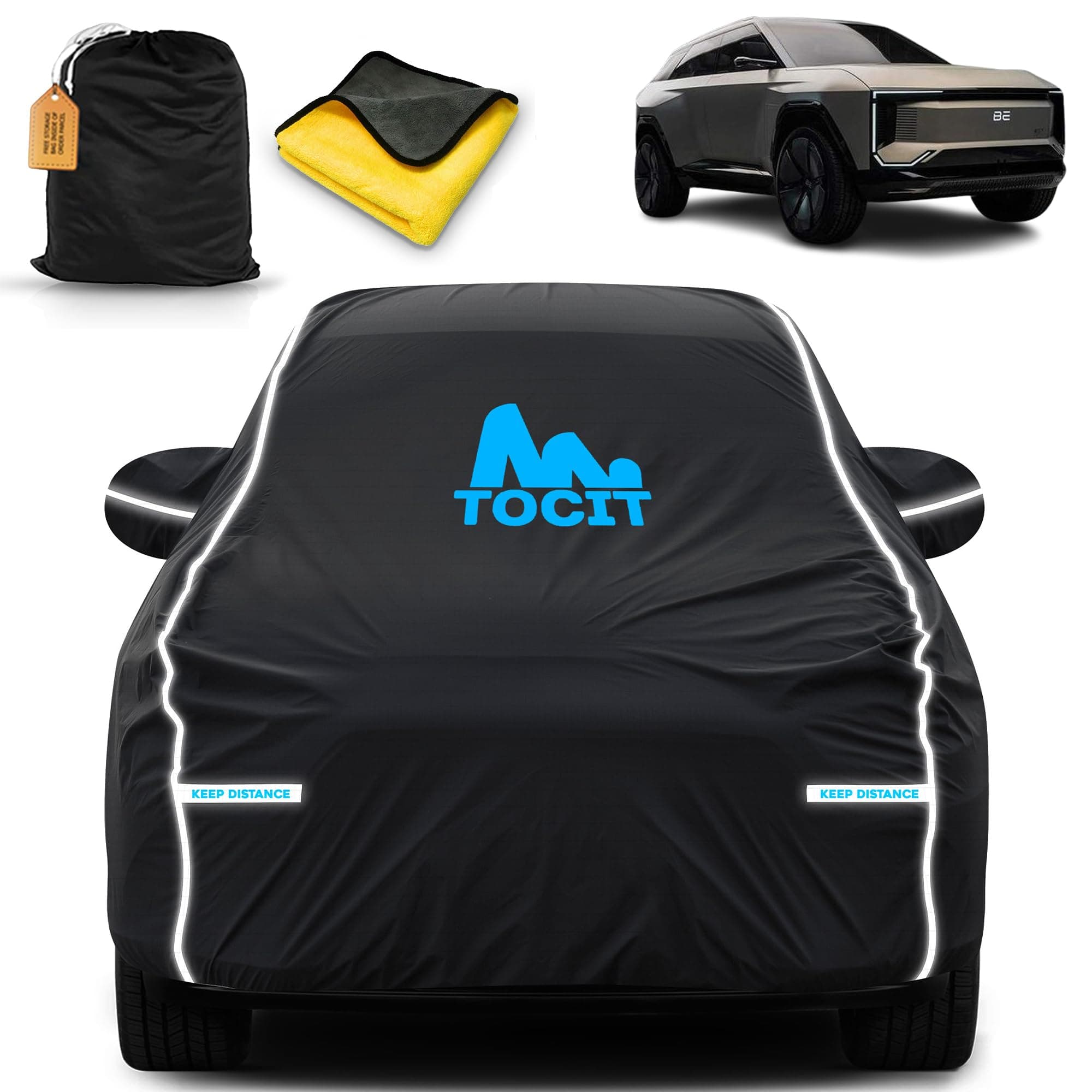 Tocit BE 07 Waterproof Long Life Car Cover with Safety Glow Reflective Strap, Premium Velvet Velour Fabric, Soft & Stretchable, Machine Washable, Tri-Stitch Custom Fit with Mirror Pocket