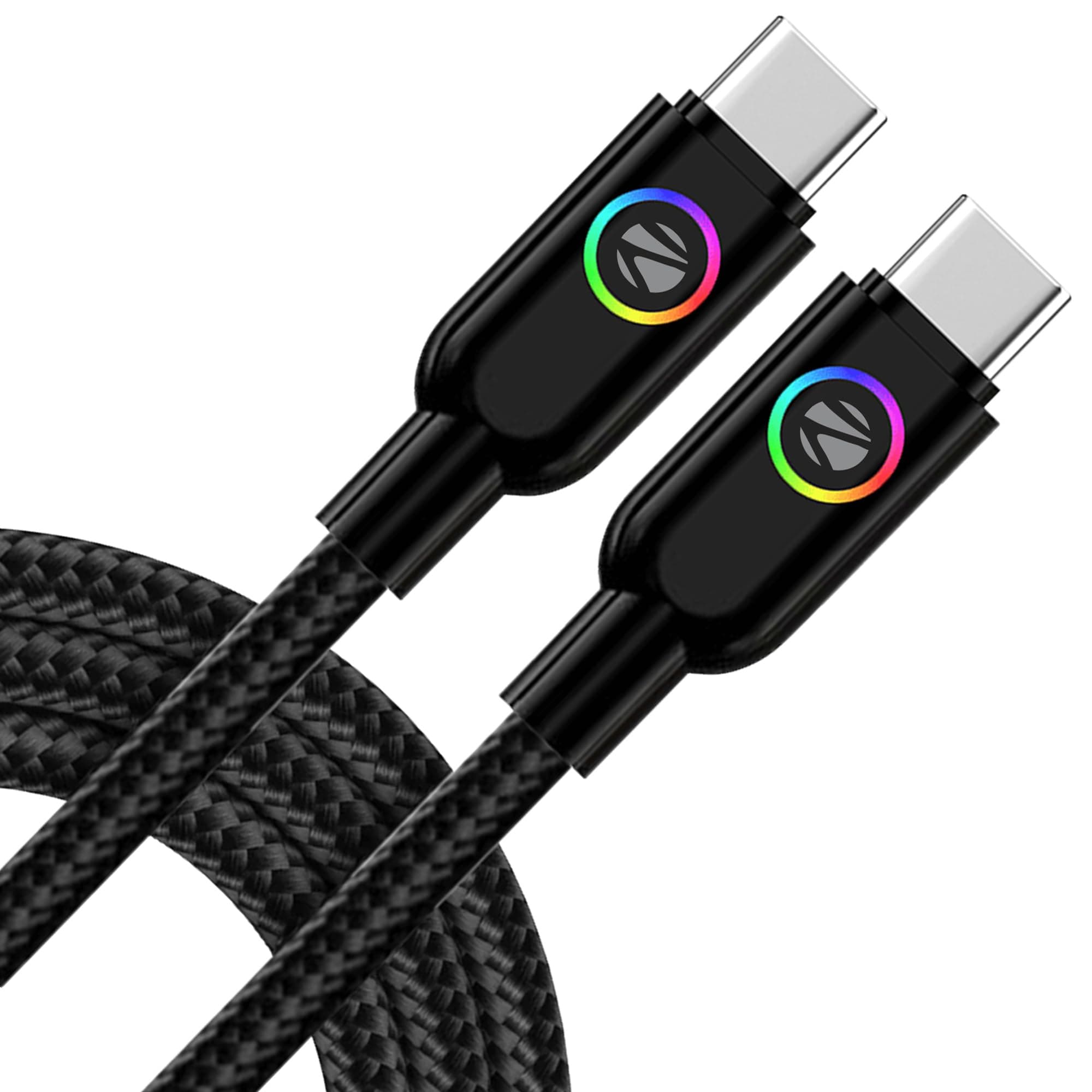 Zebronics Wattz 60CC3 Type-C to Type-C Braided Cable, PD 60W, Upto 480Mbps Data Sync, 1 Meter, Durable, Charge & Sync, Rapid Charging, Multicolor Breathing LED, For Laptops, Tablets, Mobiles (Black)