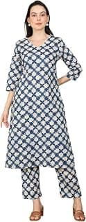 W for Woman Blue Floral Printed Cotton Blend Straight Kurta and Pants Co-ord Set
