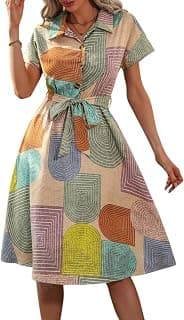 Gufrina Women's Short Sleeve Collar Neck Dress - Geometric Print Button-Down Midi Dress with Tie-Up Belt