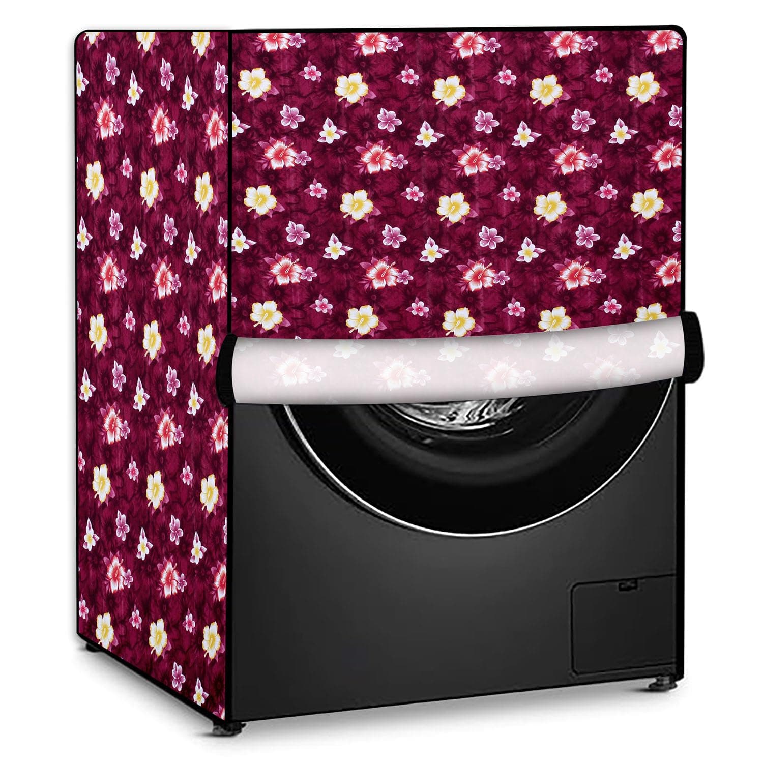Stylista Polyester Washing Machine Cover Compatible for Samsung 8 Kg Fully-Automatic Front Loading WW80T504DAN, Floral Red