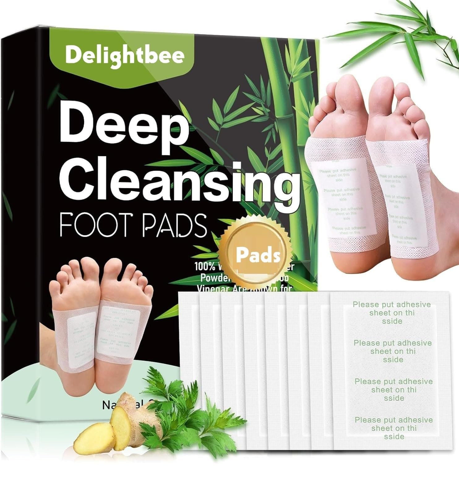 Delightbee Deep Cleansing Foot Pads for Detox & Relaxation | Natural Ginger & Bamboo Vinegar Patches for Toxin Removal, Pain Relief, Better Sleep & Circulation for Men & Women | (PACK of 5 (50 Pads))