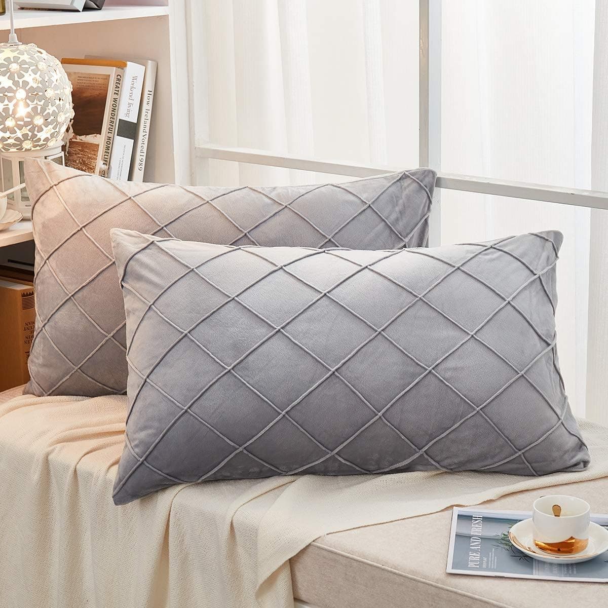 AMICA 250 Tc Luxurious Diamond Pinch Pleated Crystal Velvet Pillowcases Solid Pintuck Throw Cushion Cover for Home Decor Hidden Zipper Closure (Gray, 16 X 24 Inch), 2 Piece