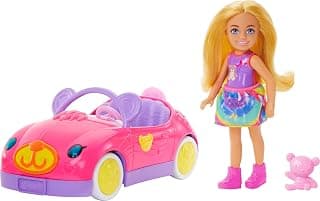 Barbie Chelsea Doll & Toy Car Set with Bear-Themed Convertible & Teddy Bear Accessory, Blonde Small Doll Wears Removable Skirt & Shoes