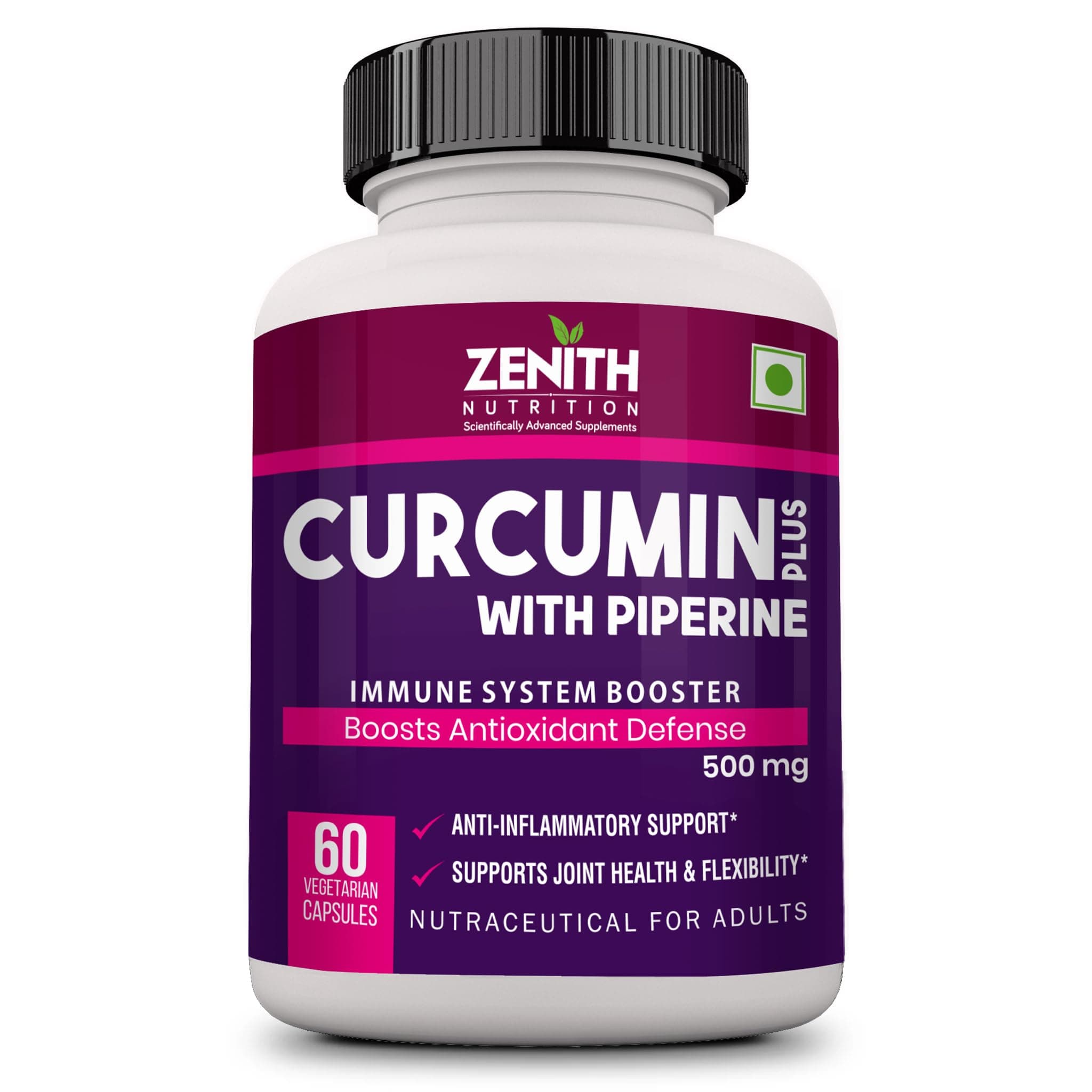 Zenith Nutrition Curcumin Plus with Piperine 500 mg - 60 Veg Capsules | Immunity Support I Supports Joint Health & Flexibility | Anti-Inflammatory Support