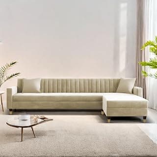 Casaliving Garcia RHS 6 Seater L Shape Sofa Set for Living Room (Cream Colour) Premium Fabric Sofa