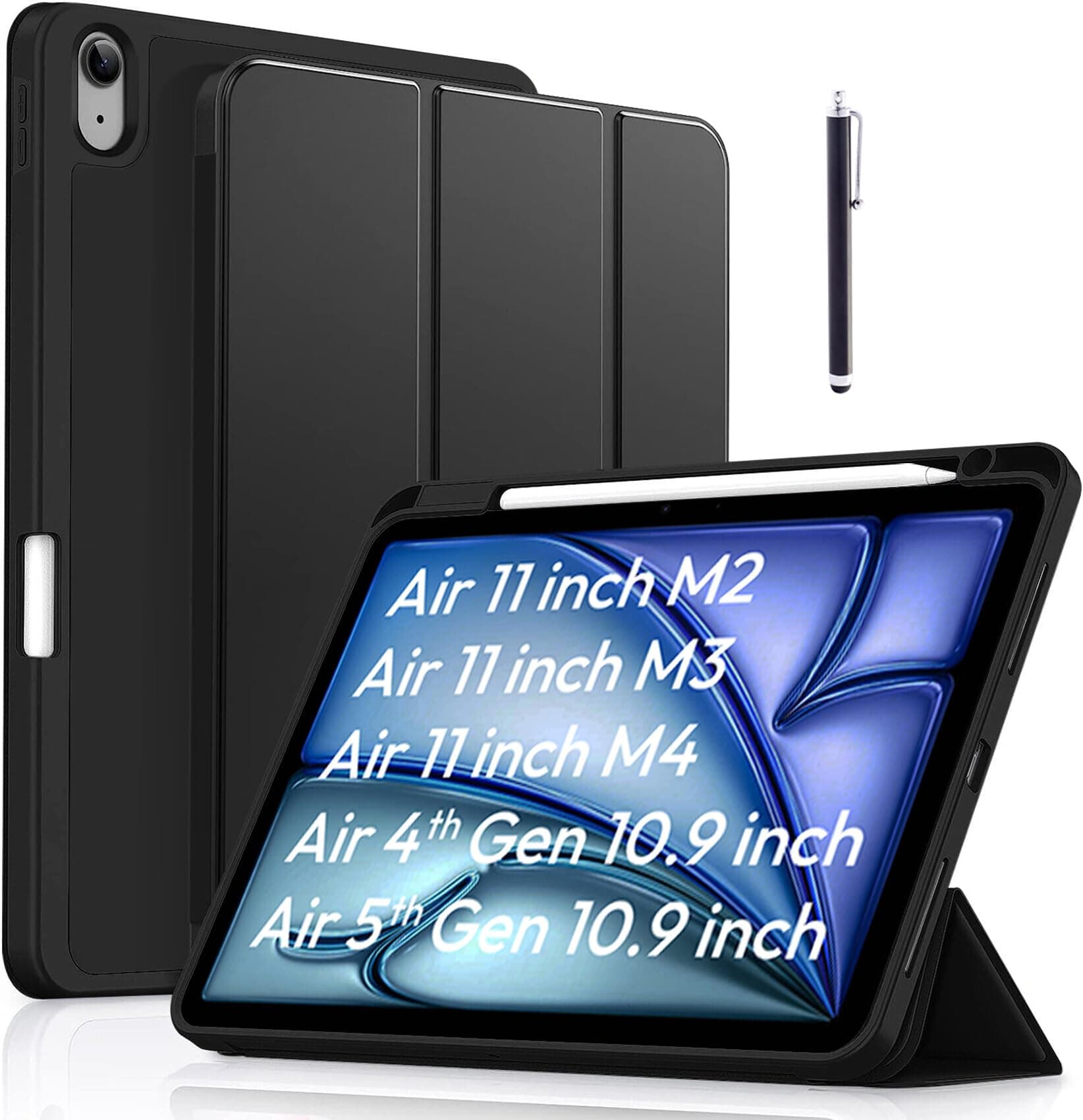 Robustrion Case Cover for iPad Air 11 inch M4/M3/M2 (2024/2025/2026)/iPad Air 4th 5th Generation Cover 10.9" with [Pencil Holder Right Side][Flexible Back][Auto Sleep Wake] and Stylus Pen - Black