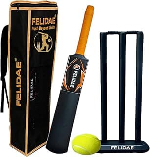FELIDAE Size-3 Kids Plastic Cricket Bat Kit for 6–12 Years | Lightweight Cricket Set with Bat, Soft Tennis Ball & Full Wicket Set for Boys & Girls | Safe Outdoor Sports Toy for Garden Park & Home Play