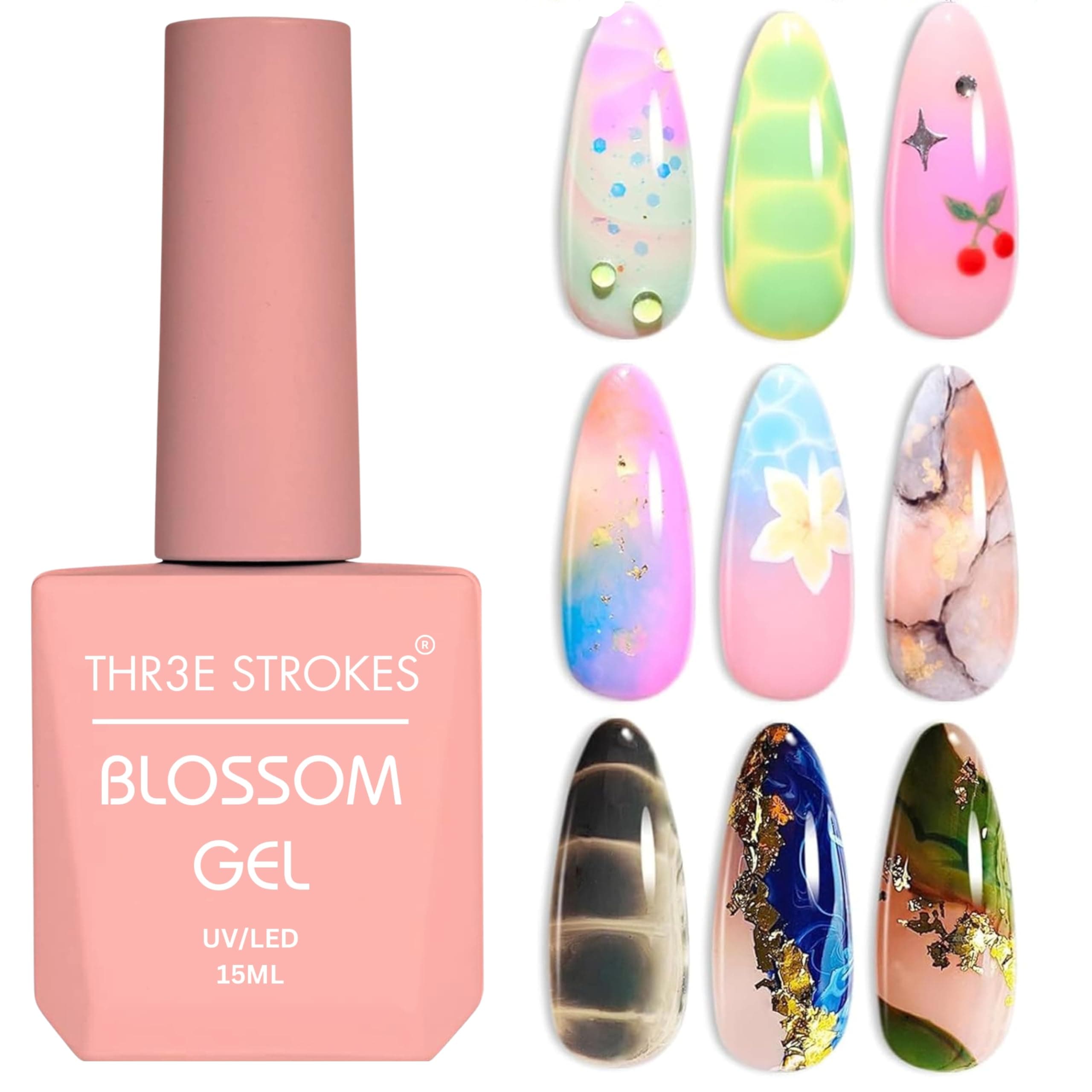 THR3E STROKES Nail Blooming Gel 15ml Clear Uv Led Blossom Gel Polish for Spreading Effect Marble Natural Stone Watercolor Floral Print Soak off Nail Gel Diy Nail Art Design Gift for Women