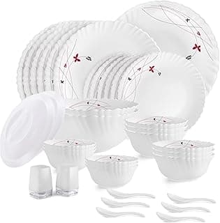 CELLO Lush Fiesta Dazzle Series Opalware Dinner Set of 37 Pieces for Family of 6 | Bone-Ash Free & Leadfree Opal Glass, Microwave & Dishwasher Safe, Plates & Bowls Crockery Set for Dining & Gifting