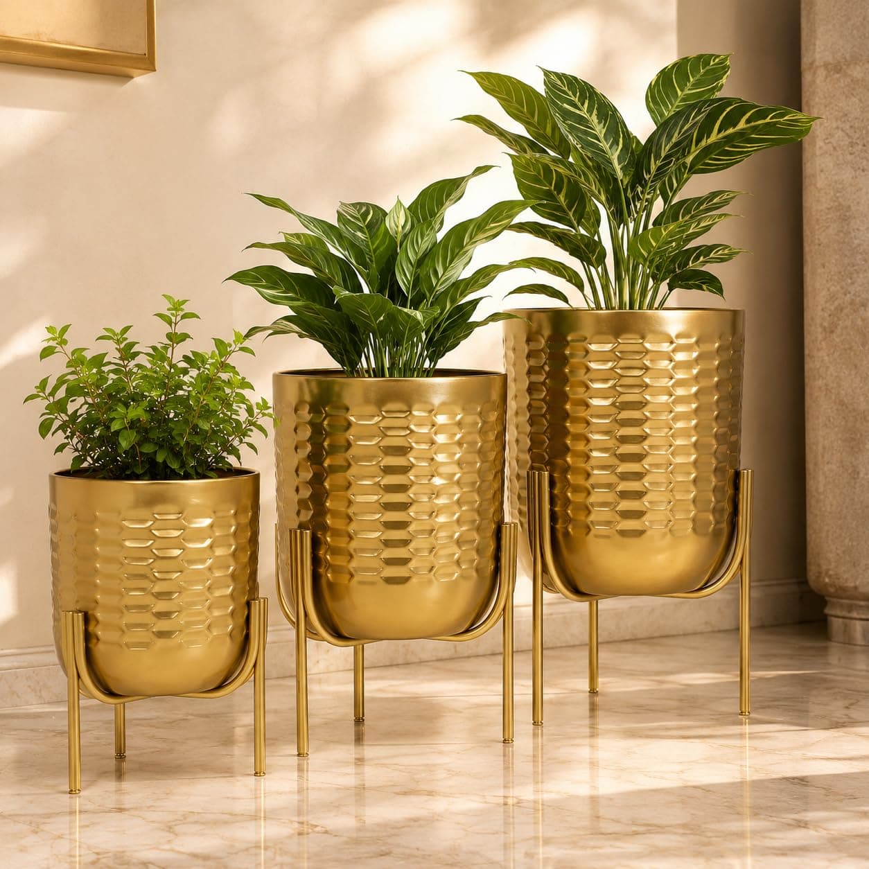 INDIAN DECORMART Metal Planter Set with Stand, Gold Honeycomb Pattern, 3 Different Sizes, Decorative Indoor Outdoor Plant Holders (Set of 3)