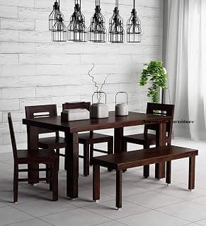 Wooden Dining Table 6 Seater | Dinning Table with Four Chairs & 1 Bench| Dining Room Furniture | Warm Chestnut, Sheesham Wood